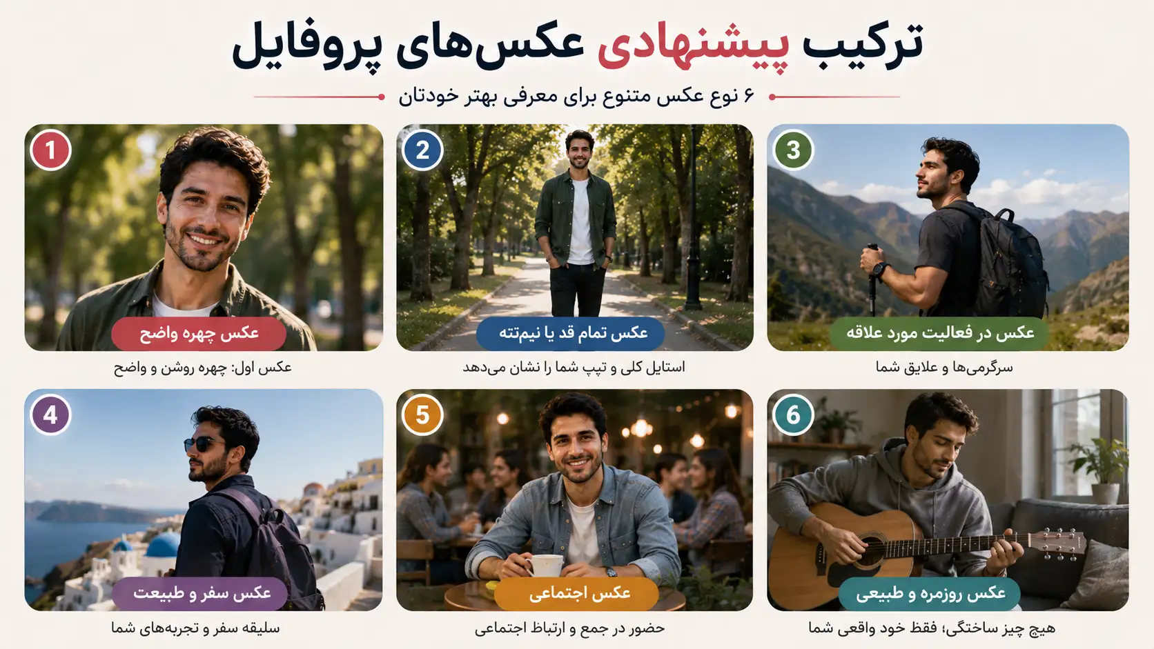 ترکیب مناسب عکس‌های پروفایل دوستیابی